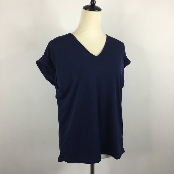 NWT BRIGITTE BRIANNA SexyModest Navy Cuffed Short Sleeve High Low Hem Shirt - Picture 1 of 7